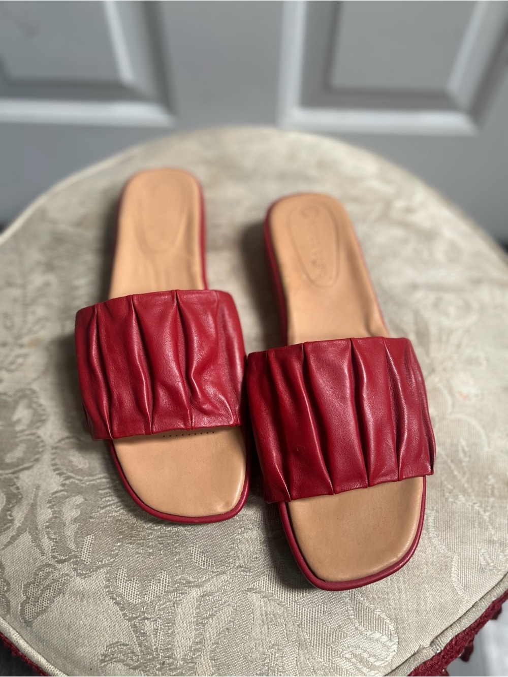 Sz 6.5-Corso Como Harisya Red Padded Leather Ruched gathered  Slide Sandals